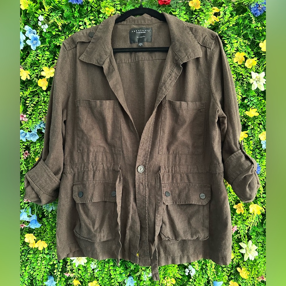 SANCTUARY Olive Green Linen Army Jacket Shacket with Drawstring Waist - Large